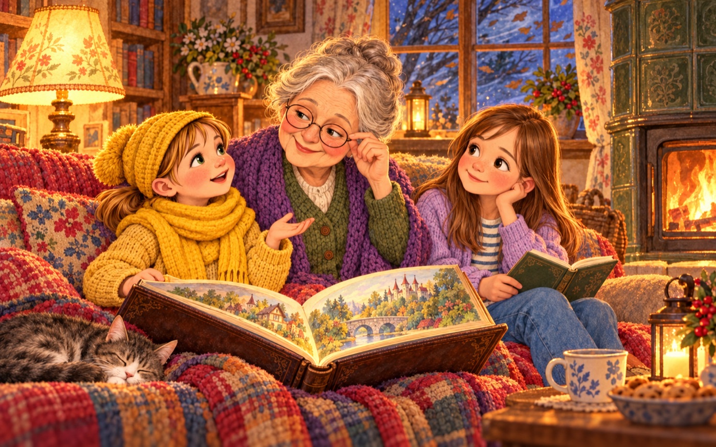 Lisi und Nora sitzen mit Oma auf dem Sofa, Lisi hält ein Märchenbuch