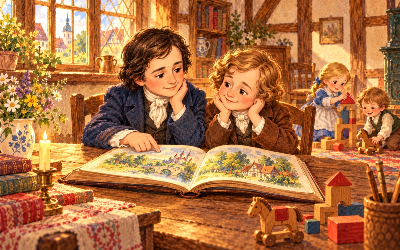 Jacob und Wilhelm als Kinder an einem gemeinsamen Schreibtisch
