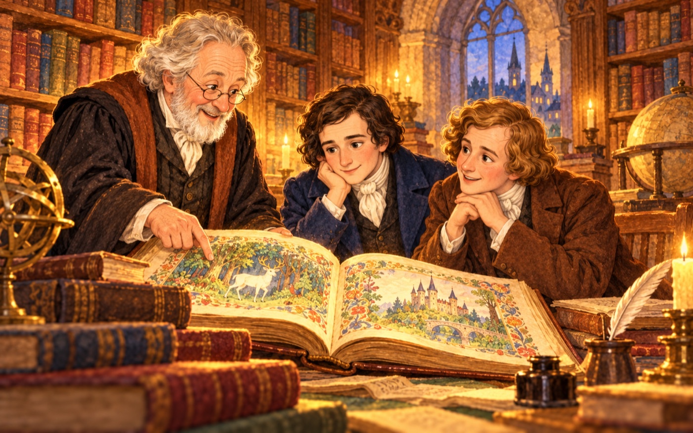 Die jungen Brüder in einer alten Bibliothek