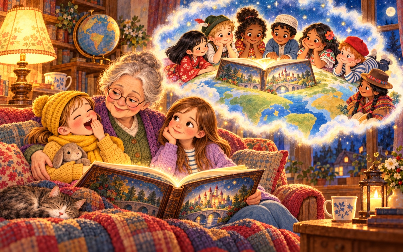 Lisi und Nora kuscheln sich an Oma, die ein Märchen vorliest