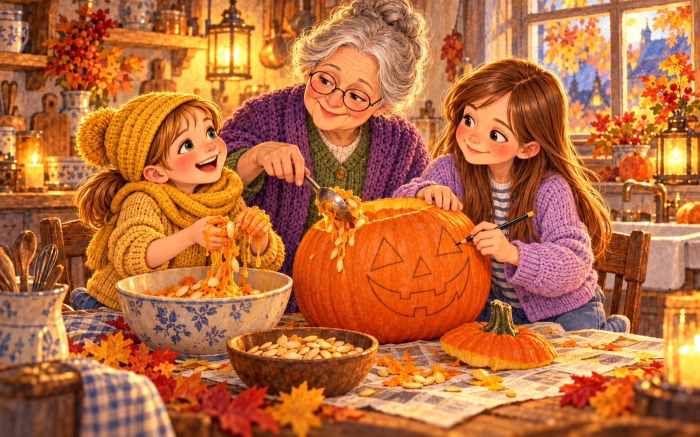 Lisi, Nora und Oma höhlen einen Kürbis aus