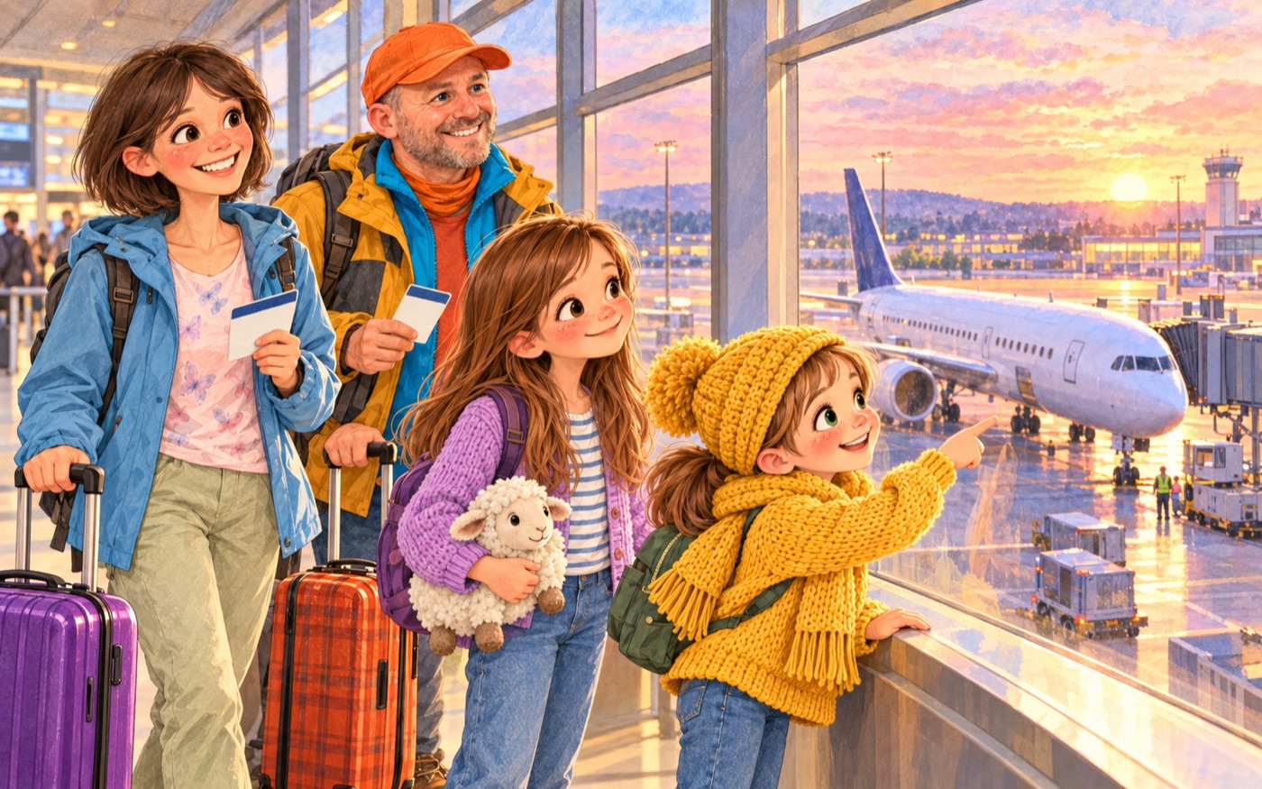 Lisi und Nora schauen am Flughafen aus dem Fenster auf ein Flugzeug