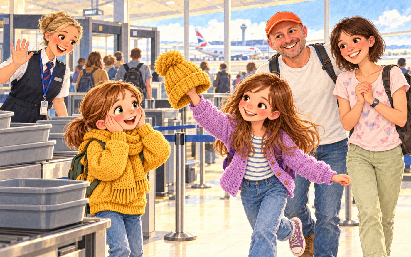 Nora bringt Lisi am Flughafen ihre verlorene gelbe Mütze zurück