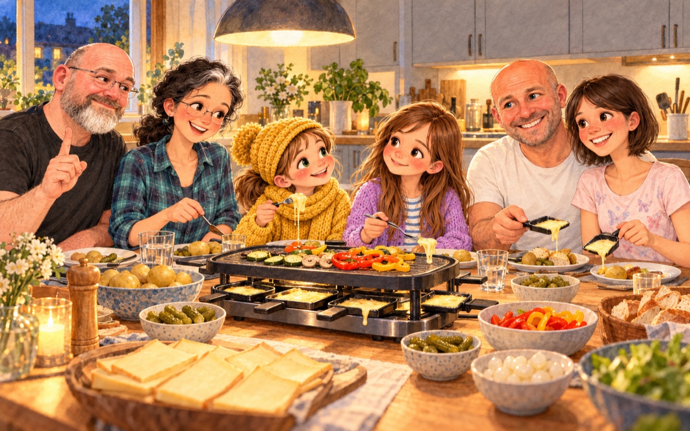 Die ganze Familie sitzt beim Raclette in der Küche