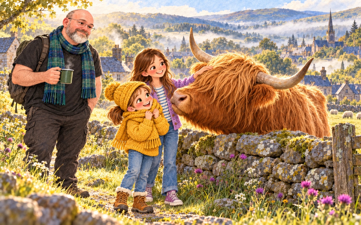 Lisi und Nora streicheln eine zottelige Hochlandkuh
