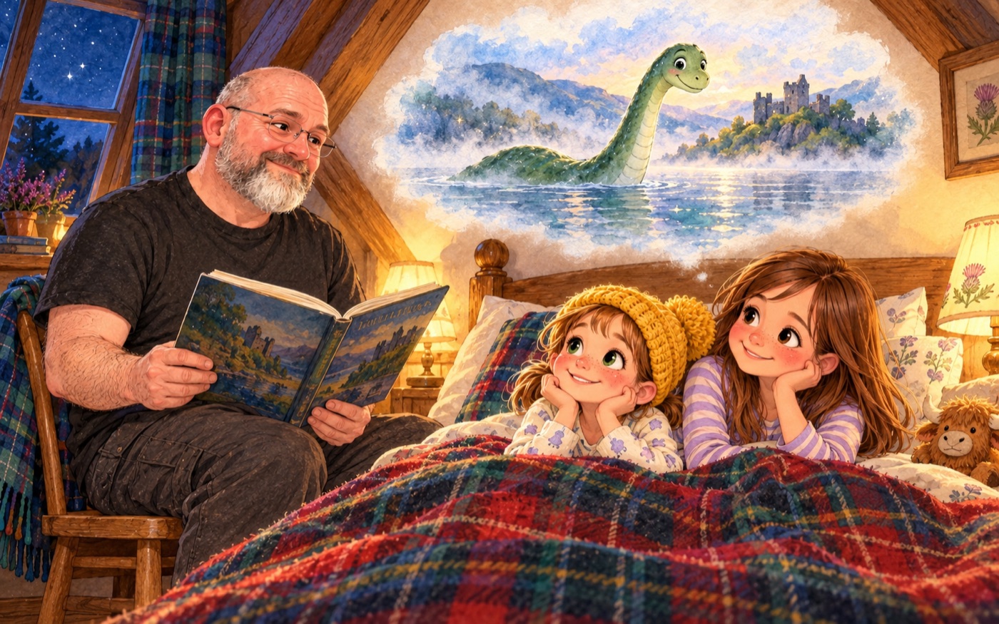 Onkel Ryan erzählt am Bett eine Geschichte von Nessie