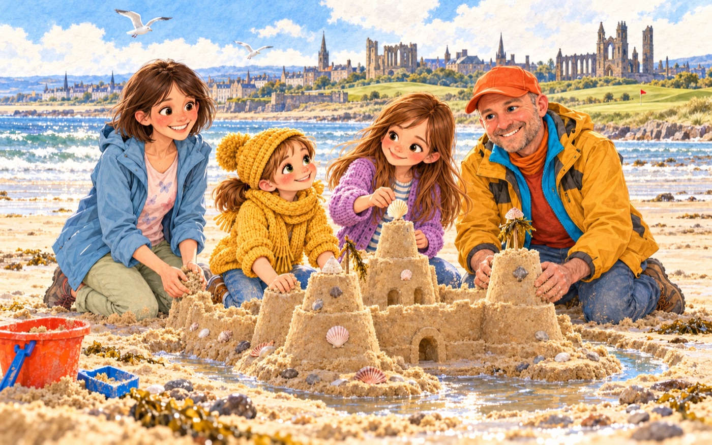 Lisi und Nora bauen am Strand von St Andrews eine Sandburg