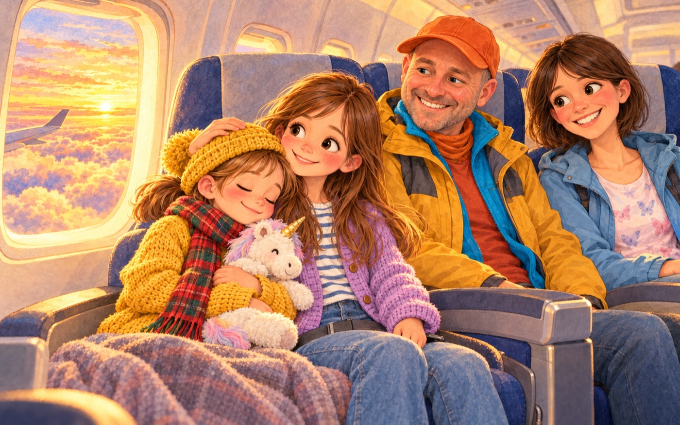 Lisi schläft auf dem Heimflug mit ihrem Einhorn ein