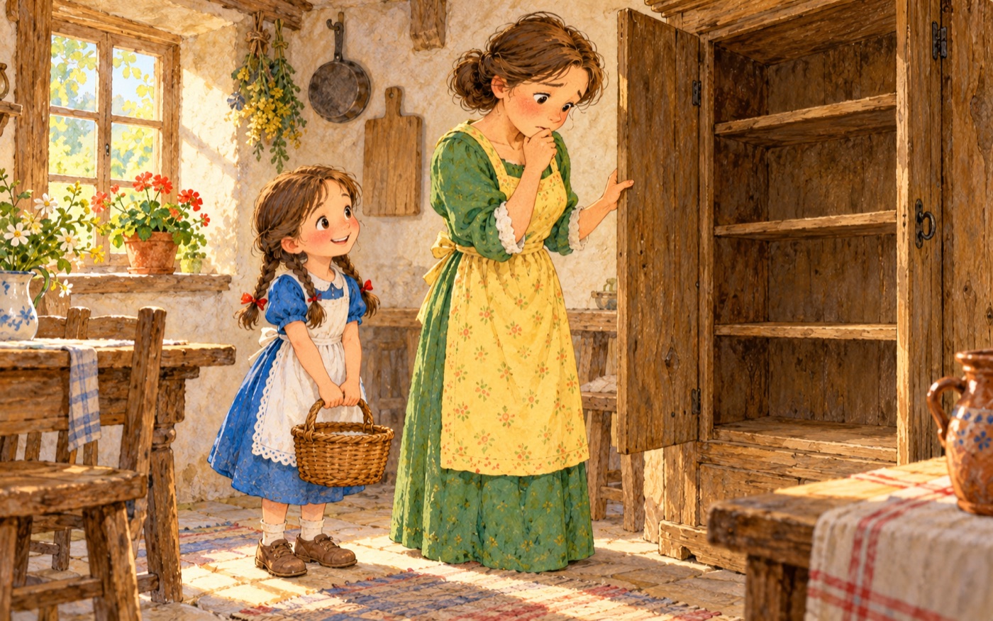 Die Mutter schaut in einen leeren Schrank, das Mädchen hält ein Körbchen