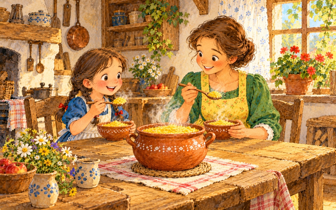 Mutter und Mädchen essen süßen Brei aus dem Zaubertöpfchen