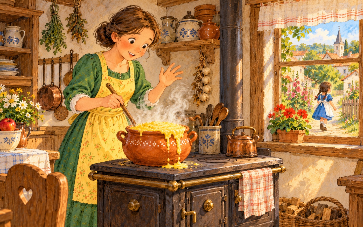 Die Mutter steht allein am Herd, das Töpfchen kocht und kocht
